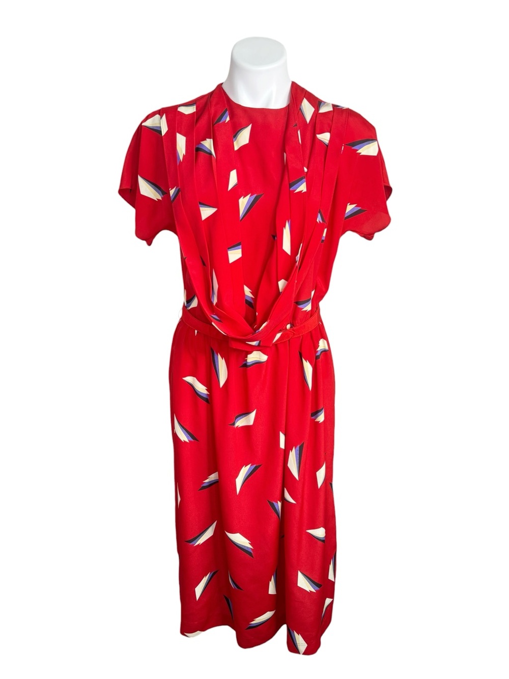 Vintage 80s Virgo II Red Geometric Midi Dress Union Made Belted Paper Airplane P